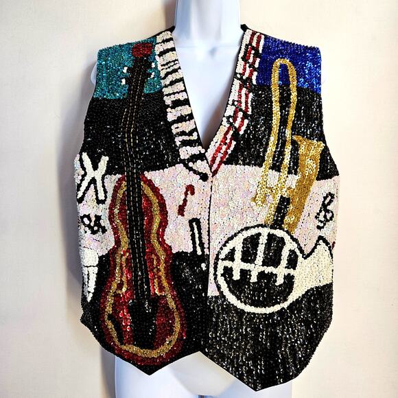 Vintage JC Music Themed Sequin Vest Size M Made In USA 001 Novelty Teacher - Picture 1 of 9